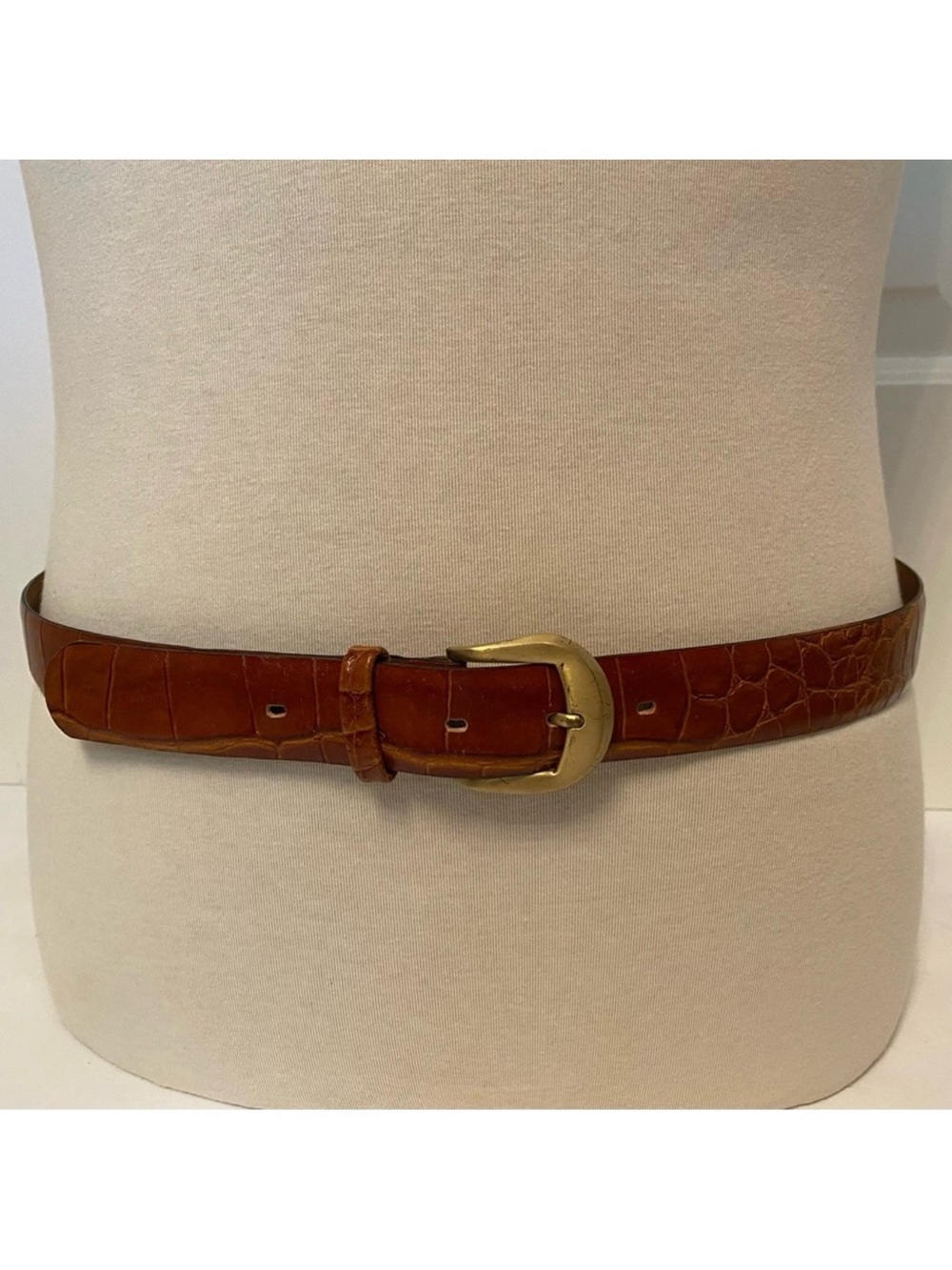 USA MADE MENS BELT BROWN CROC LOOK LEATHER IMPORTED PIG GOLD TONE BUCKLE 38